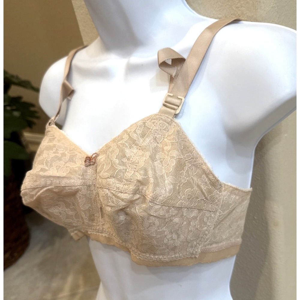 Vtg New 32D COLESCE COUTURE Floral Bullet BRA Beige Lace Torpedo Cone Wireless